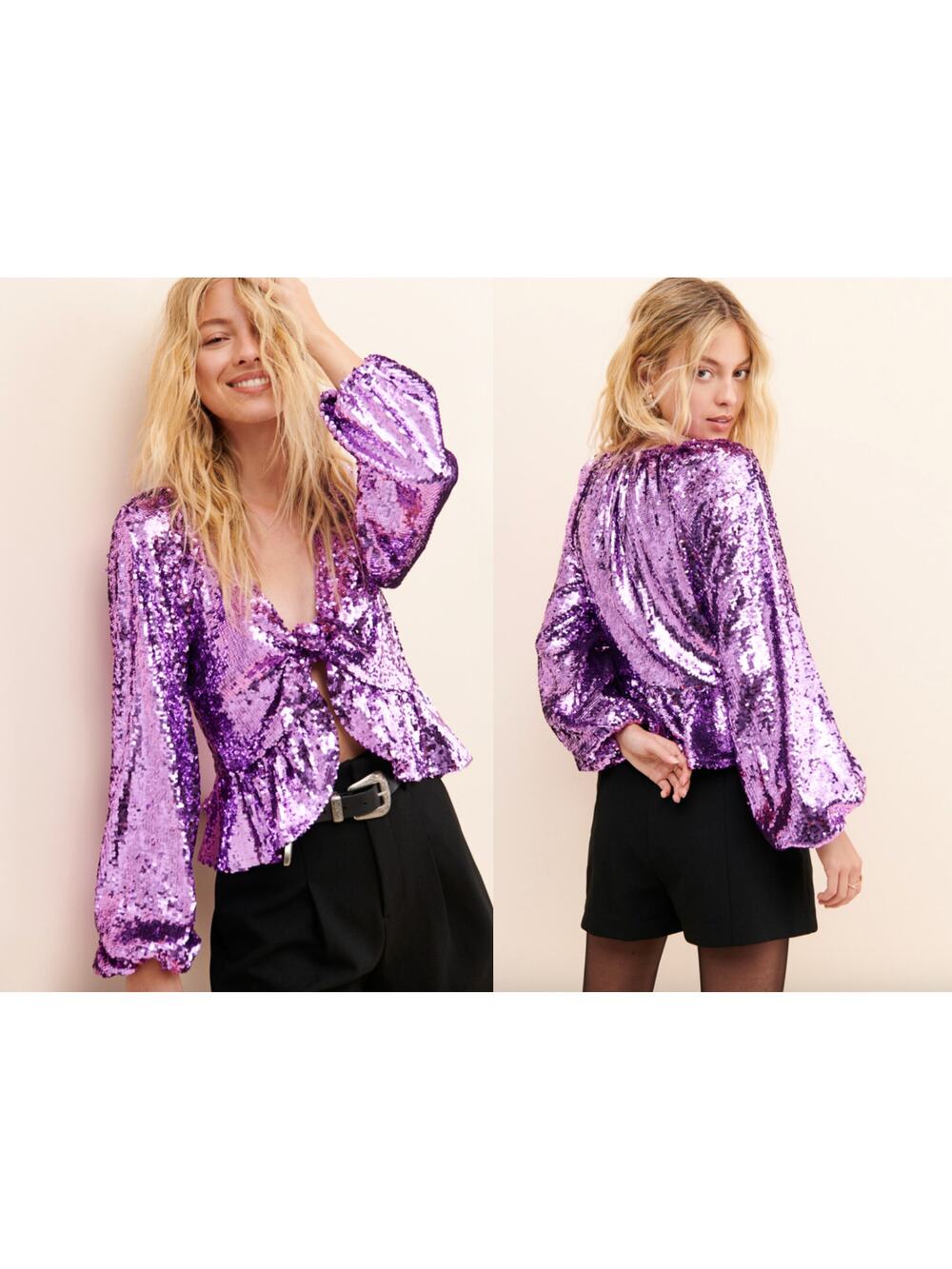 For Love & Lemons Size Small Purple Sequin Tie Front Madeline Sequin Top